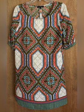 Glam Brand Geometric Shift Mini Women Dress S Tribal Boho Lightweight Scoop Neck